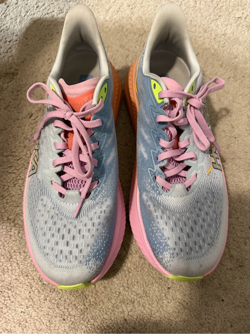 Hoka Women Light Blue Sneakers with Pink & Orange Accents - Picture 2 of 5